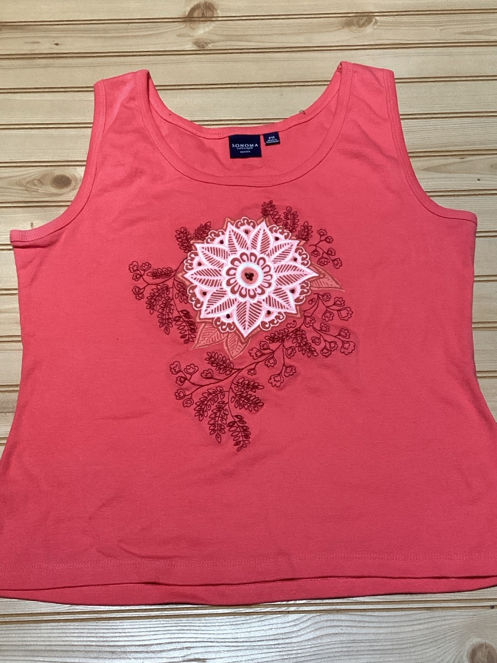 Sonoma 100% Cotton Coral Wood Bead Mandala Floral Embroidered Tank Top Artsy